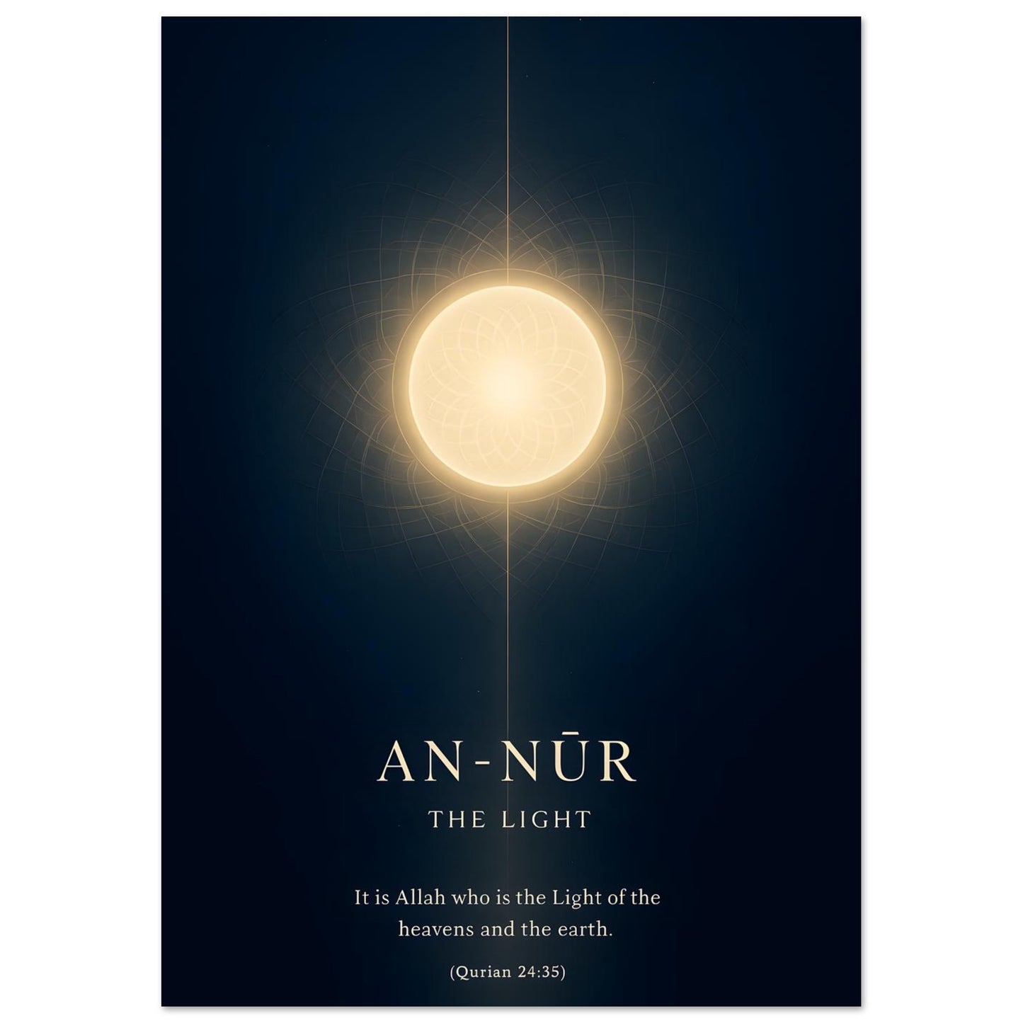 Islamic wall art featuring An-Nūr — The Light, a golden geometric design on a deep indigo background representing divine illumination and tranquility, by SAYK.