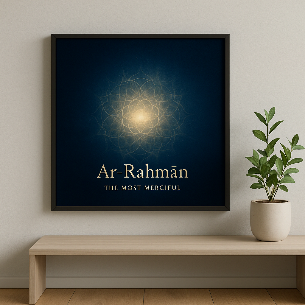 A deep blue poster with a glowing golden mandala in the center. Below it, in elegant gold text, it says: “Ar-Rahmān – The Most Merciful”. The artwork is framed in black and displayed in a simple modern room.