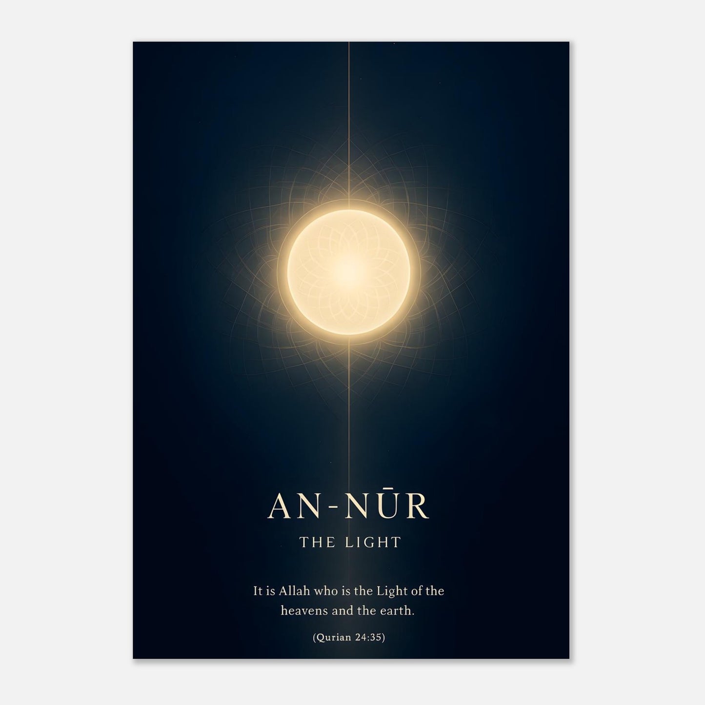 Islamic wall art featuring An-Nūr — The Light, a golden geometric design on a deep indigo background representing divine illumination and tranquility, by SAYK.